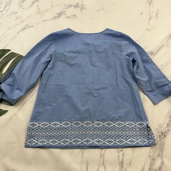 Talbots Embroidered Trim Tunic Top Size L Blue White Tie 3/4 Sleeve Blouse - Picture 8 of 12